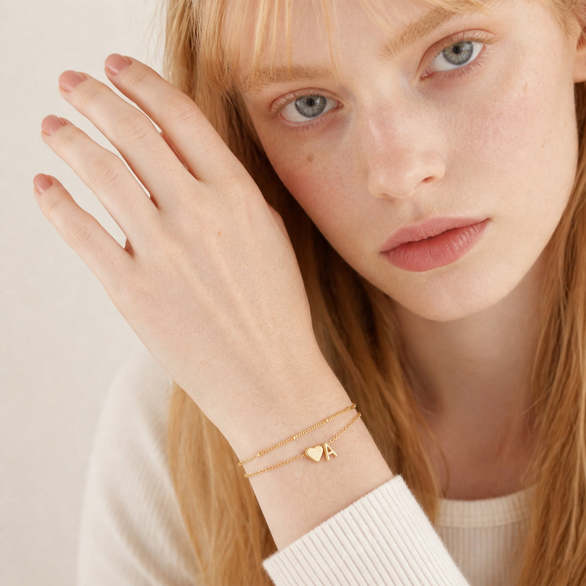 Heart Initial Layered Bracelet worn by model