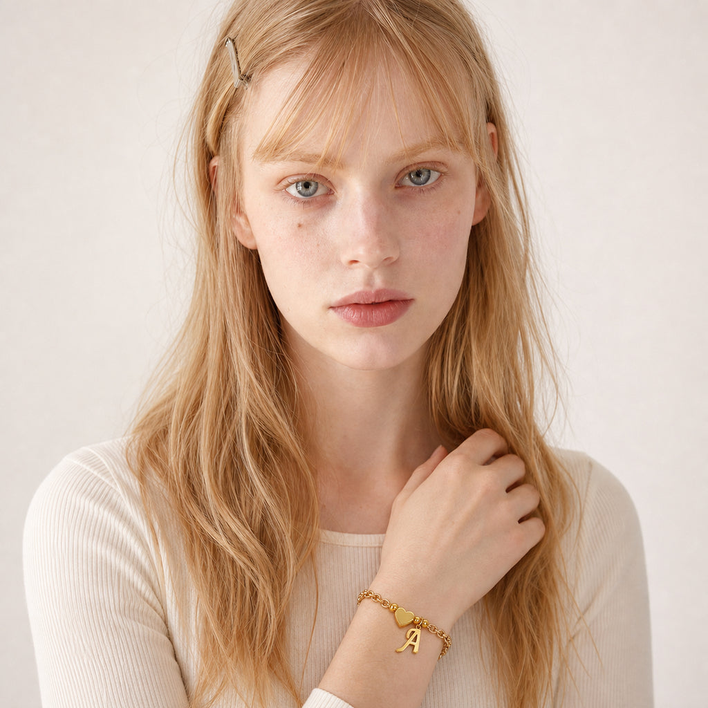 Heart Charm Cuban Bracelet worn by model