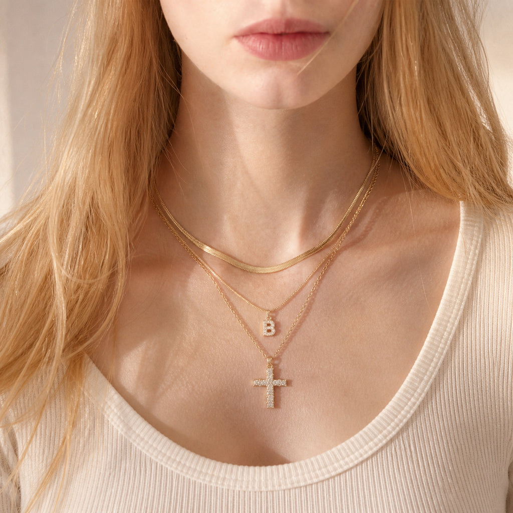 Initial & Cross Layered Necklace worn by model