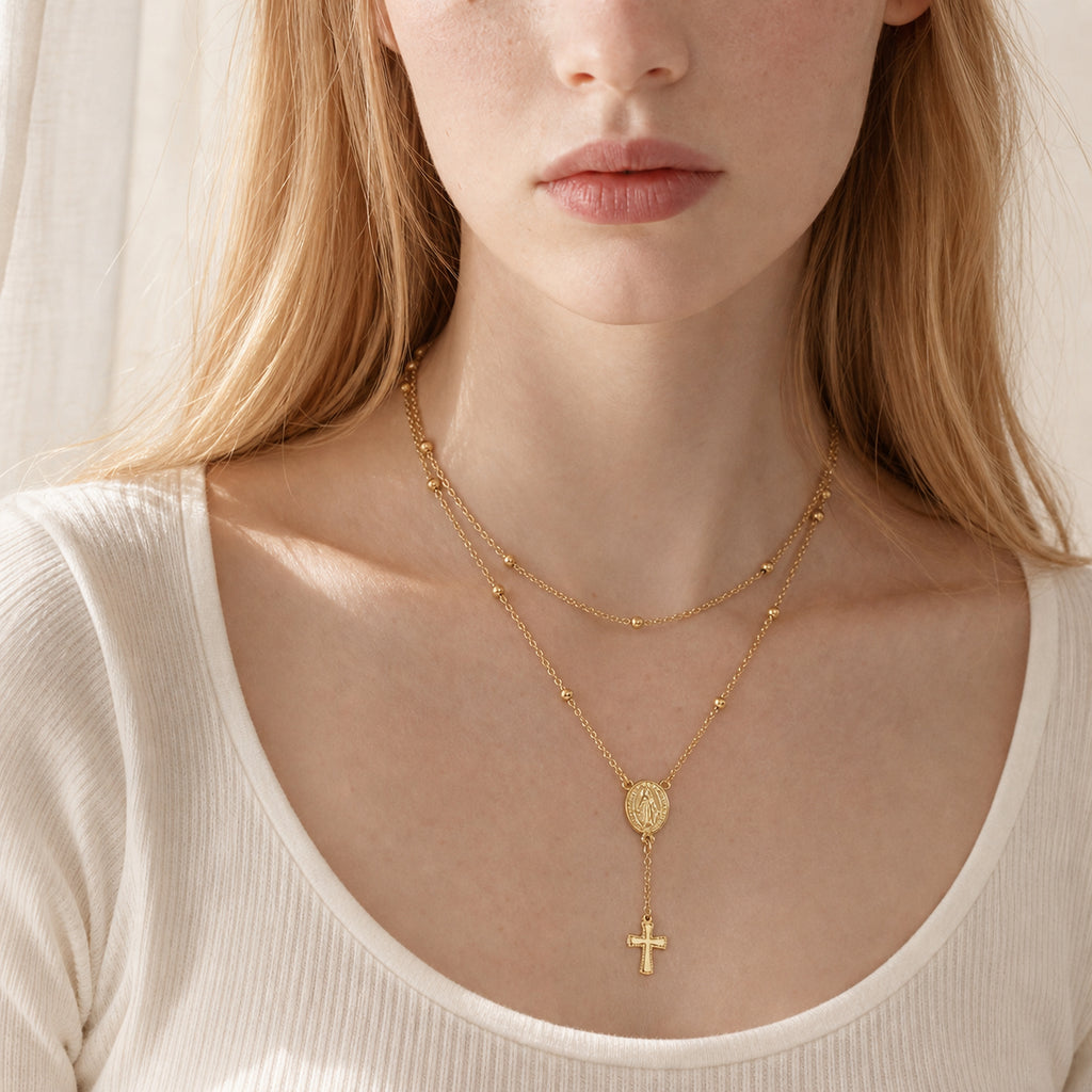 Virgin Mary & Cross Necklace worn by model