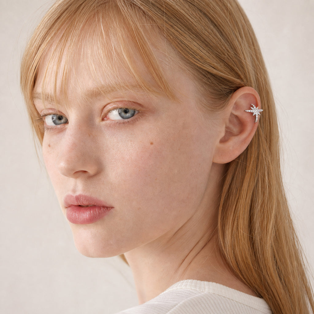Starburst Crystal Ear Cuff worn by model