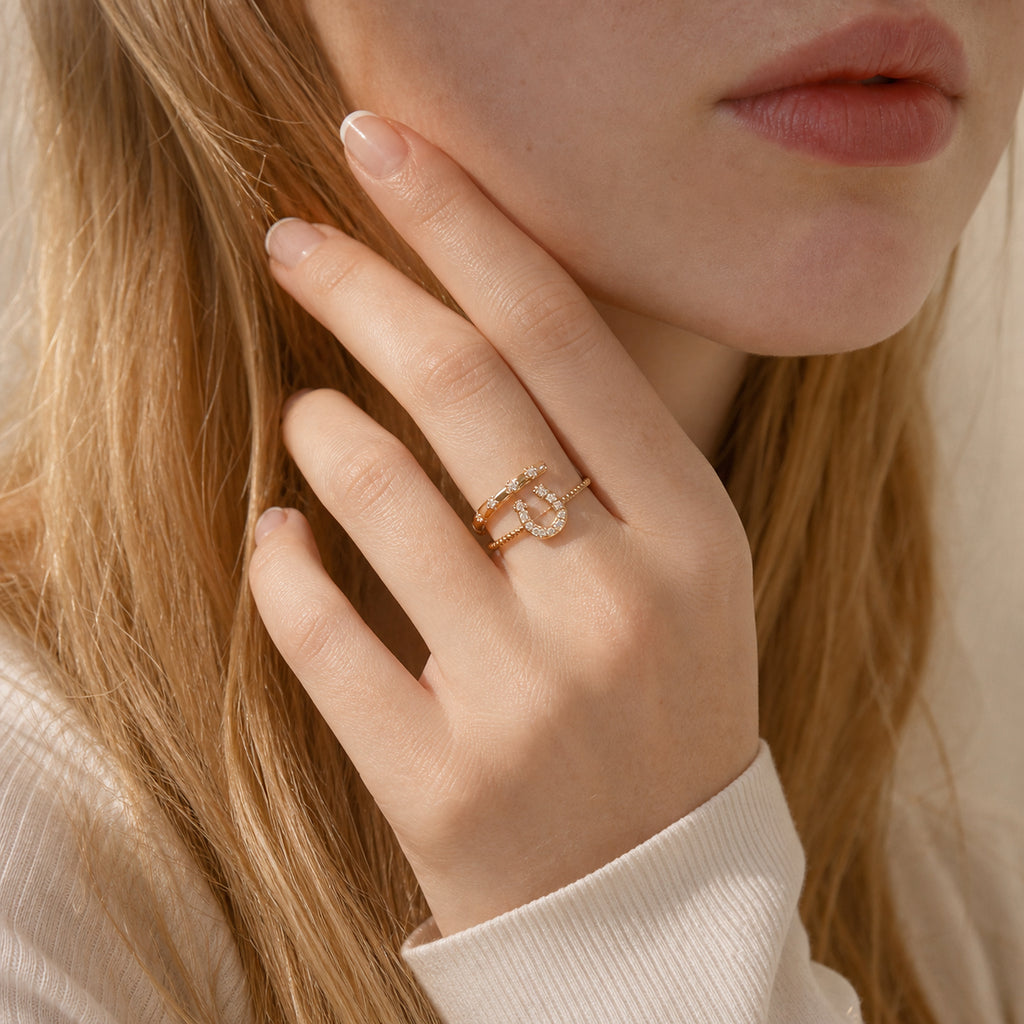 Crystal Horseshoe Ring worn by model
