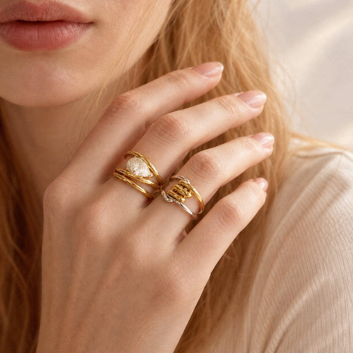Two-Tone Sculptural Ring worn by model