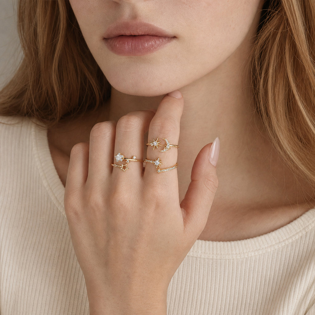 Adjustable Moon & Star Ring worn by model